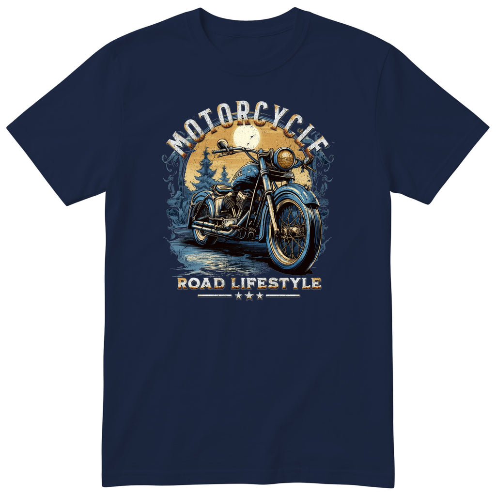 Navy Motorcycle Road Lifestyle Moonlight motorcycle t-shirt - blue vintage motorcycle under the moon in a dark pine forest, gift for a biker