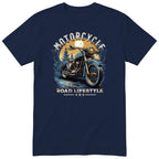 Navy Motorcycle Road Lifestyle Moonlight motorcycle t-shirt - blue vintage motorcycle under the moon in a dark pine forest, gift for a biker
