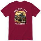 Burgundy Motorcycle Road Lifestyle Sunset motorcycle t-shirt - vintage motorcycle on a forest dirt road at golden sunset, gift for a biker