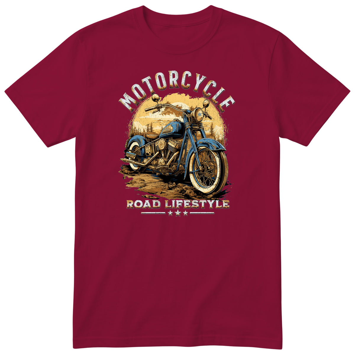 Burgundy Motorcycle Road Lifestyle Sunset motorcycle t-shirt - vintage motorcycle on a forest dirt road at golden sunset, gift for a biker