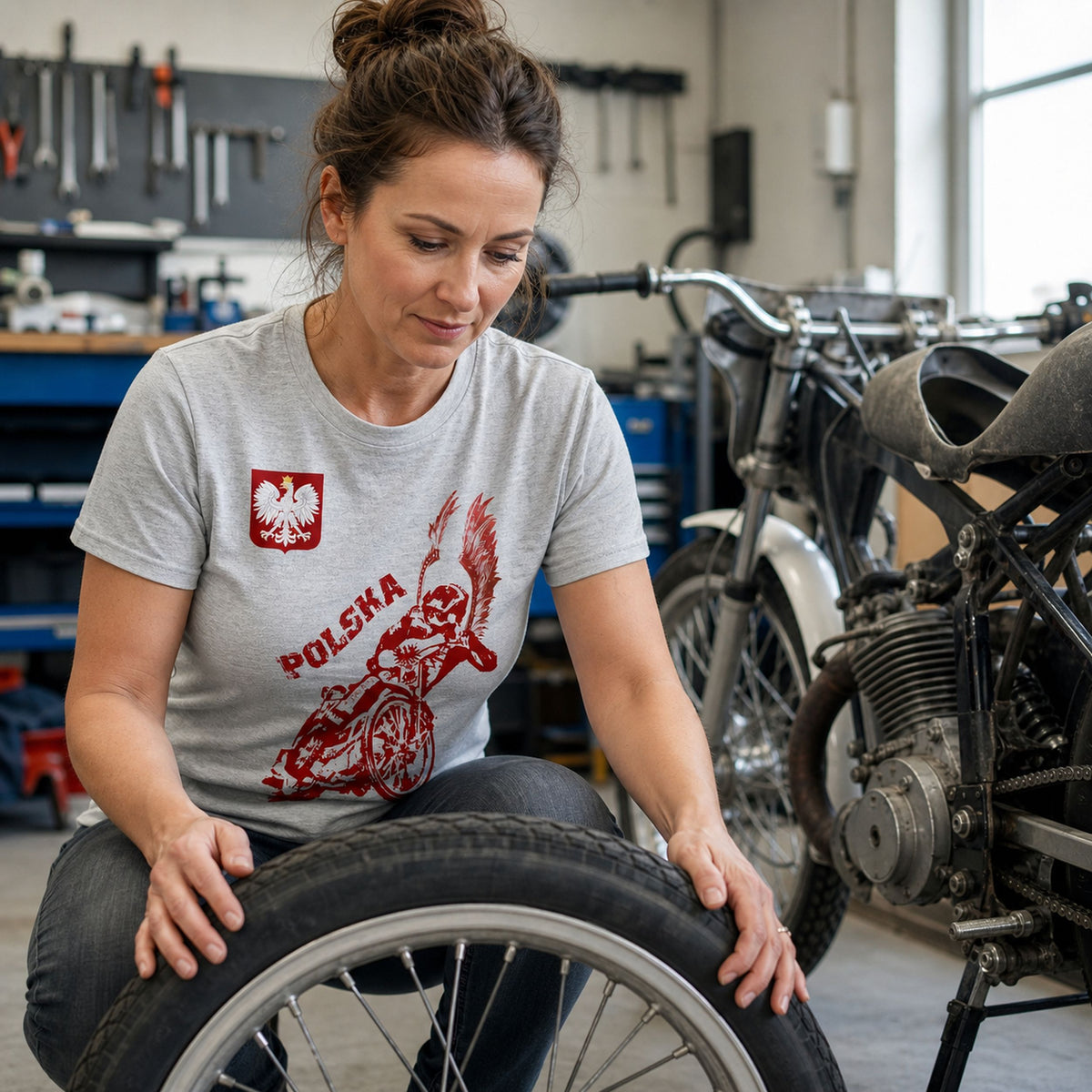 Speedway Polska Koszulka Kibica - koszulka szara na zdjęciu lifestyle w warsztacie rowerowym