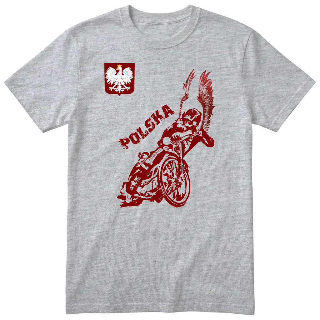 Szara koszulka SPEEDWAY POLSKA KOSZULKA KIBICA POLSKI ZUZEL - polski nadruk speedway, prezent dla kibica od rodziny