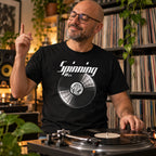 Spinning Wax Vinyl Records t-shirt in black - man at the turntables in a room full of records, gift for vinyl DJs