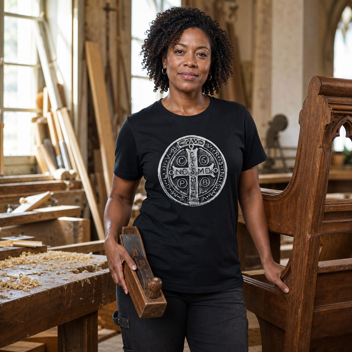 Saint Benedict Medal Tee - Large Catholic Shield Tee Vintage Print