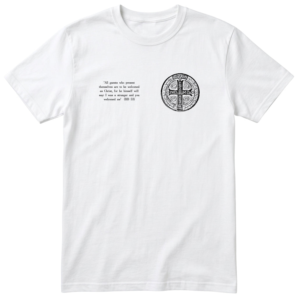Saint Benedict RB 53 Quote T-Shirt - Catholic Hospitality Tee Unisex - White