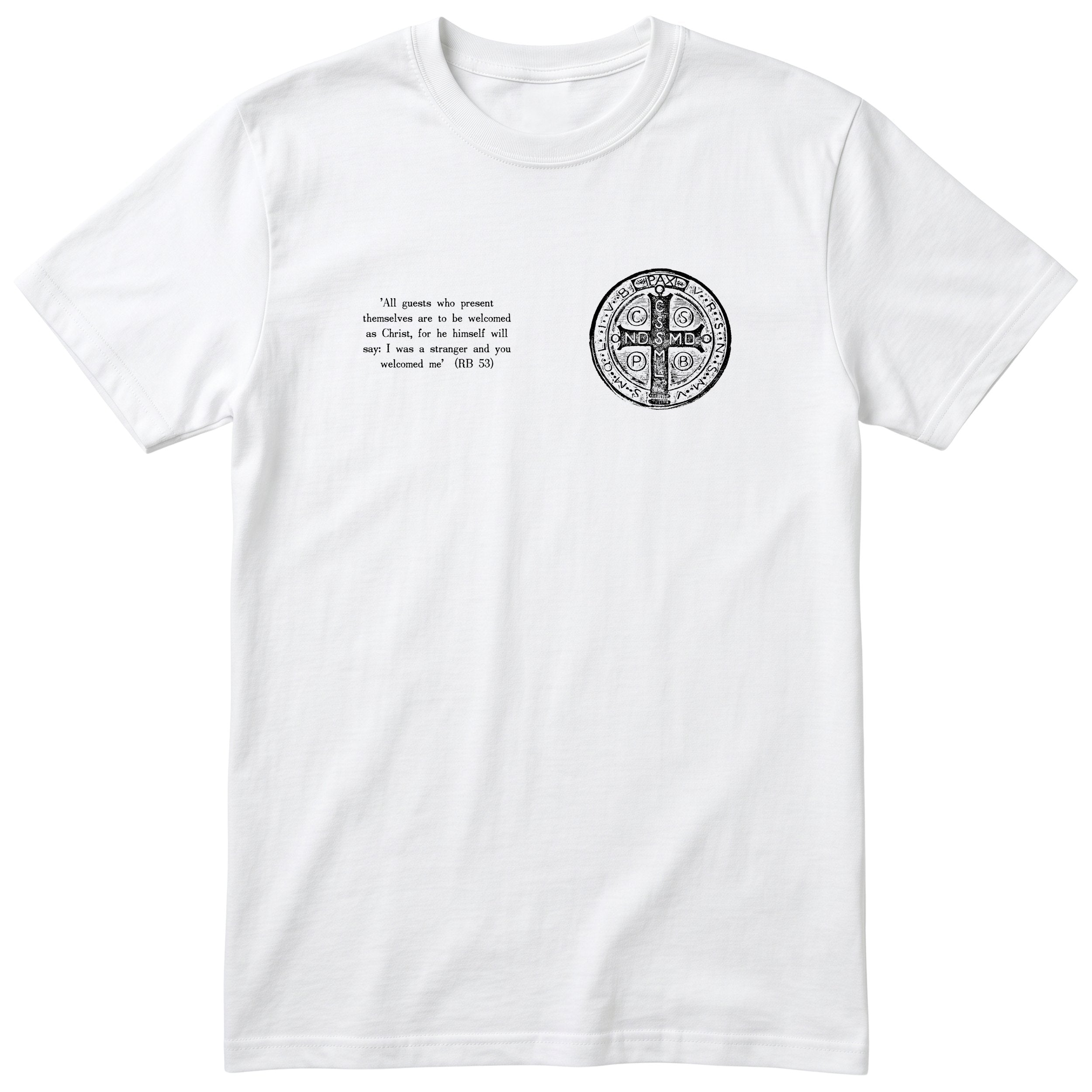 Saint Benedict RB 53 Quote T-Shirt - Catholic Hospitality Tee Unisex - White