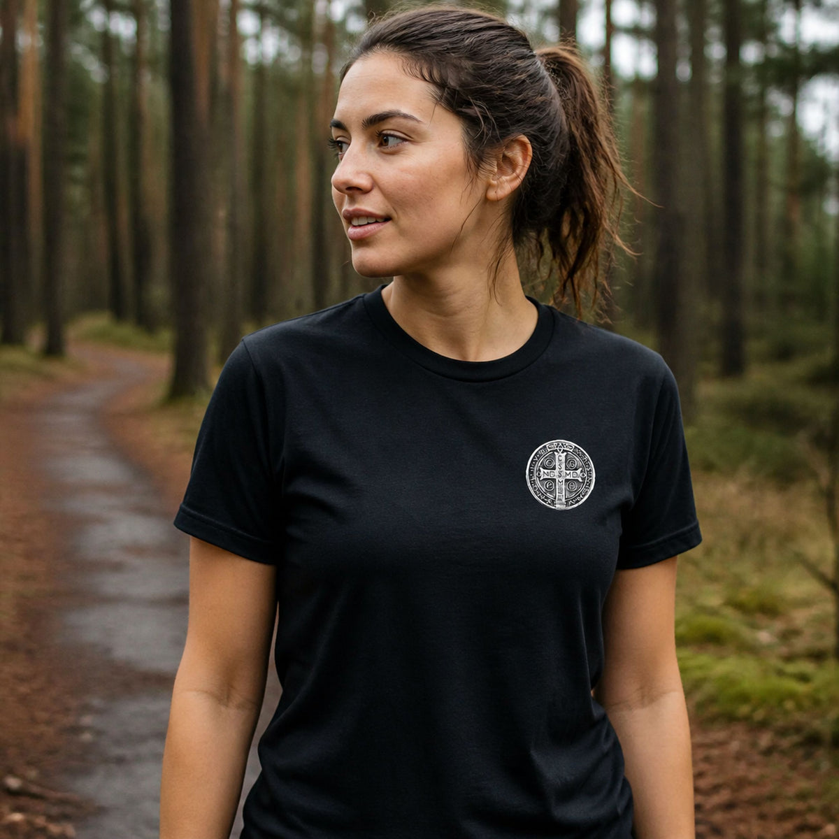 Saint Benedict Tee - Small Chest Medal Catholic Tee Everyday Faith