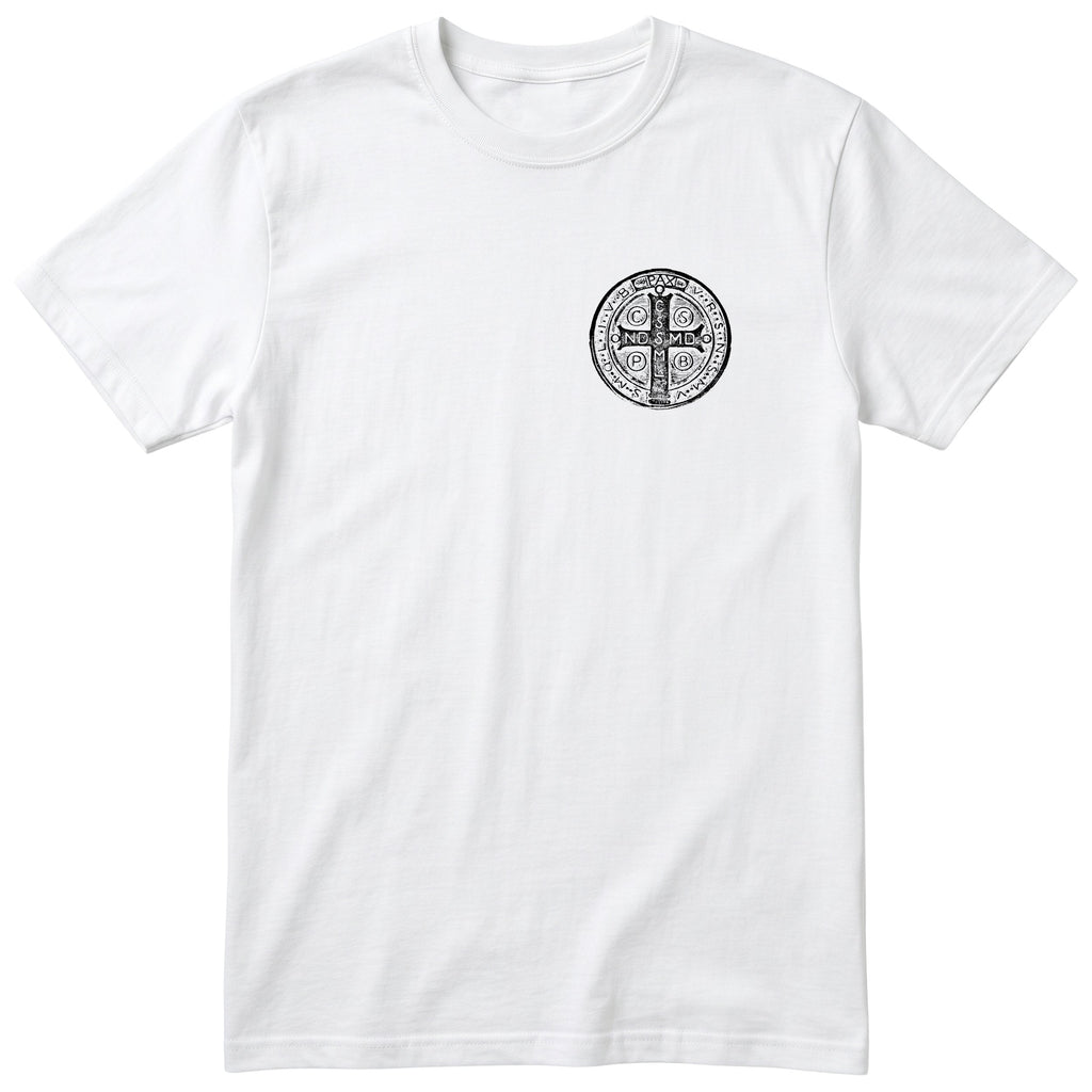 Saint Benedict Medal T-Shirt - Catholic Faith Tee Unisex - White