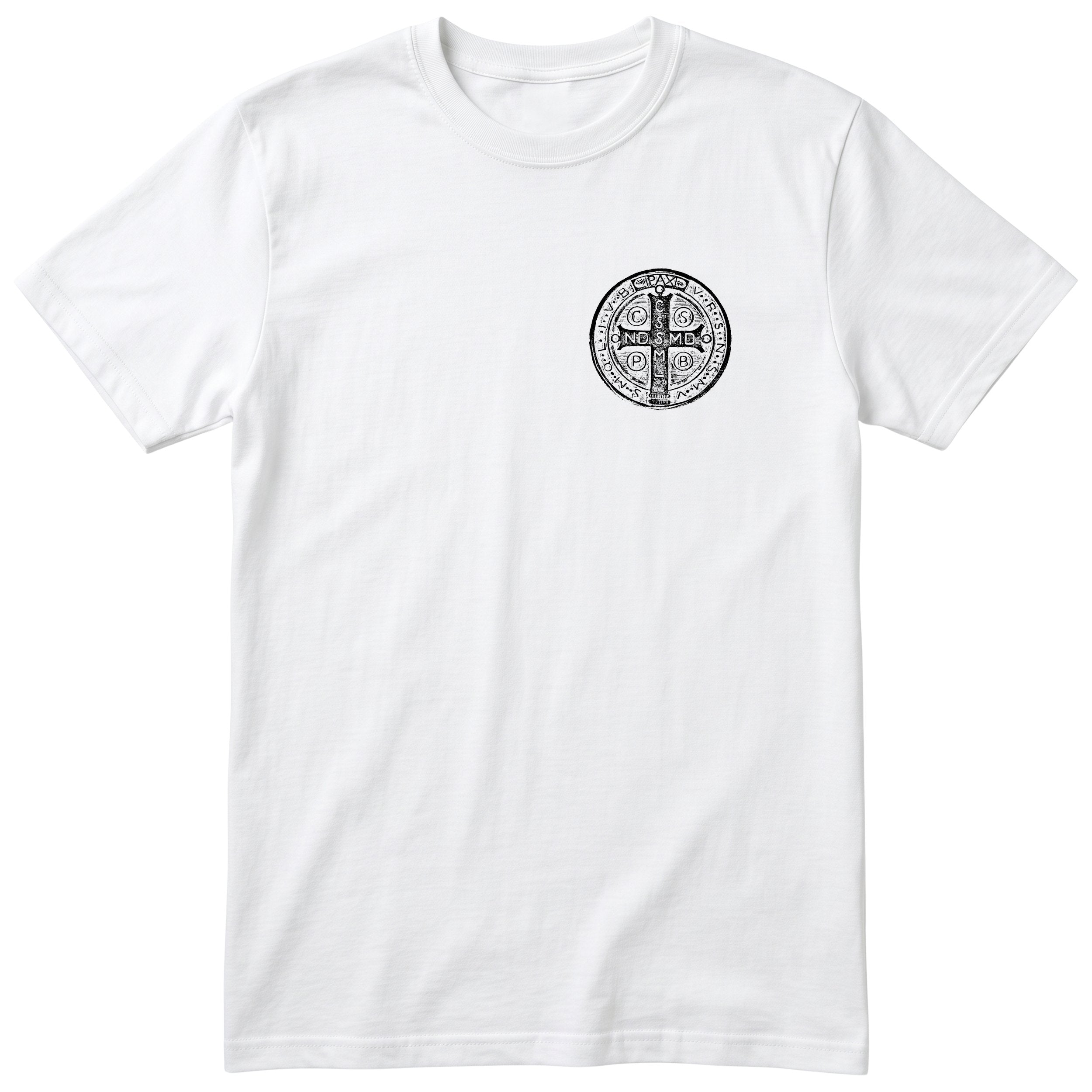 Saint Benedict Medal T-Shirt - Catholic Faith Tee Unisex - White