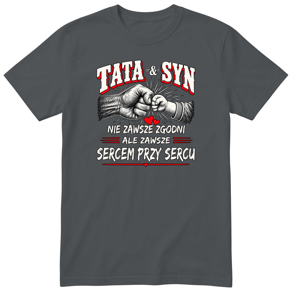 Grafitowa koszulka „TATA & SYN” - polski nadruk dla taty i syna, prezent na Dzień Ojca