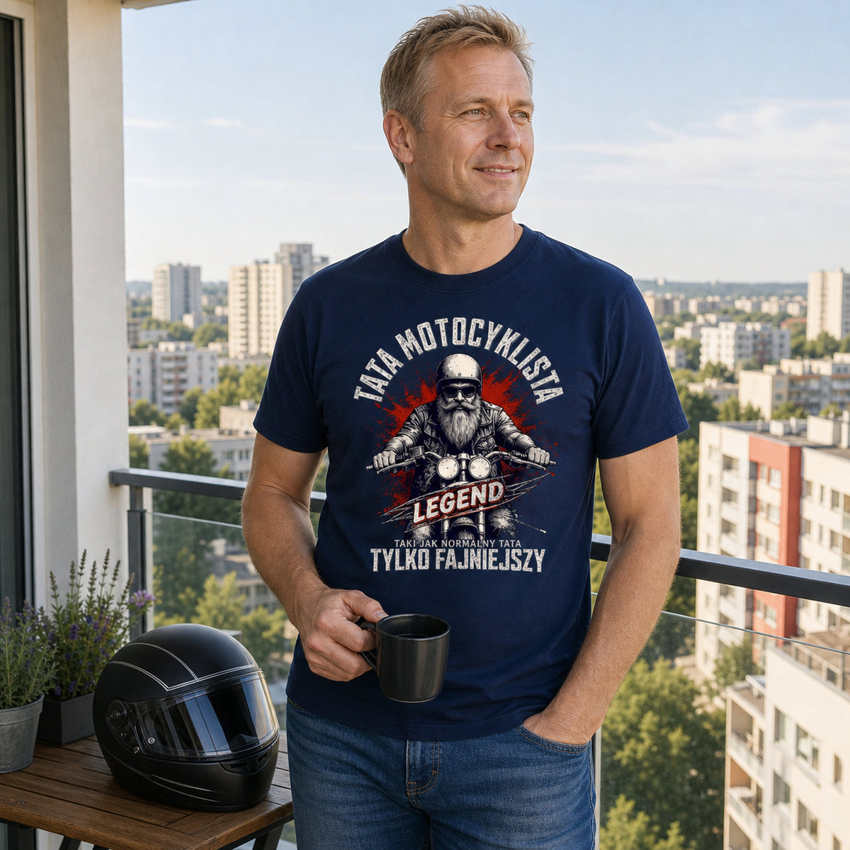 Koszulka Tata Motocyklista w kolorze granatowym - tata z kubkiem kawy na balkonie, kask obok, prezent dla taty motocyklisty