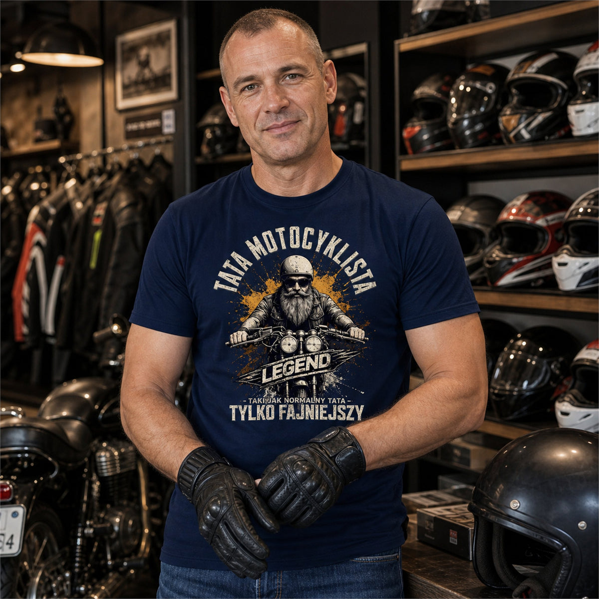 Koszulka Tata Motocyklista w kolorze granatowym - mężczyzna w rękawicach w sklepie motocyklowym, prezent dla taty