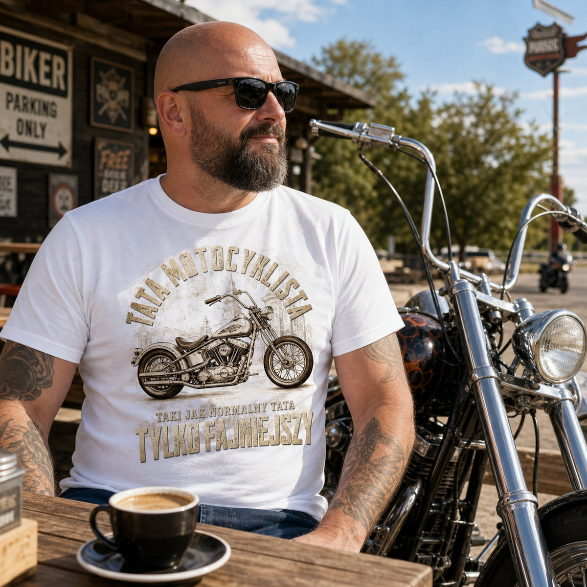 Koszulka Tata Motocyklista Chopper w kolorze białym - łysy motocyklista z kawą przy motocyklu, prezent dla motocyklisty