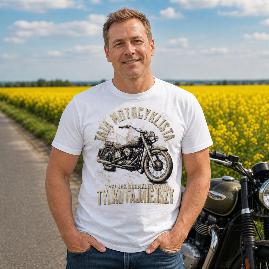 Koszulka Tata Motocyklista Vintage w kolorze białym - mężczyzna przy motocyklu na polu rzepaku, prezent dla taty motocyklisty