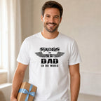The Best Dad in the World wings t-shirt in white - dad holding a present at home, Father's Day gift