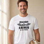 The Best Father in the World wings t-shirt in white - dad holding a present at home, Father's Day gift