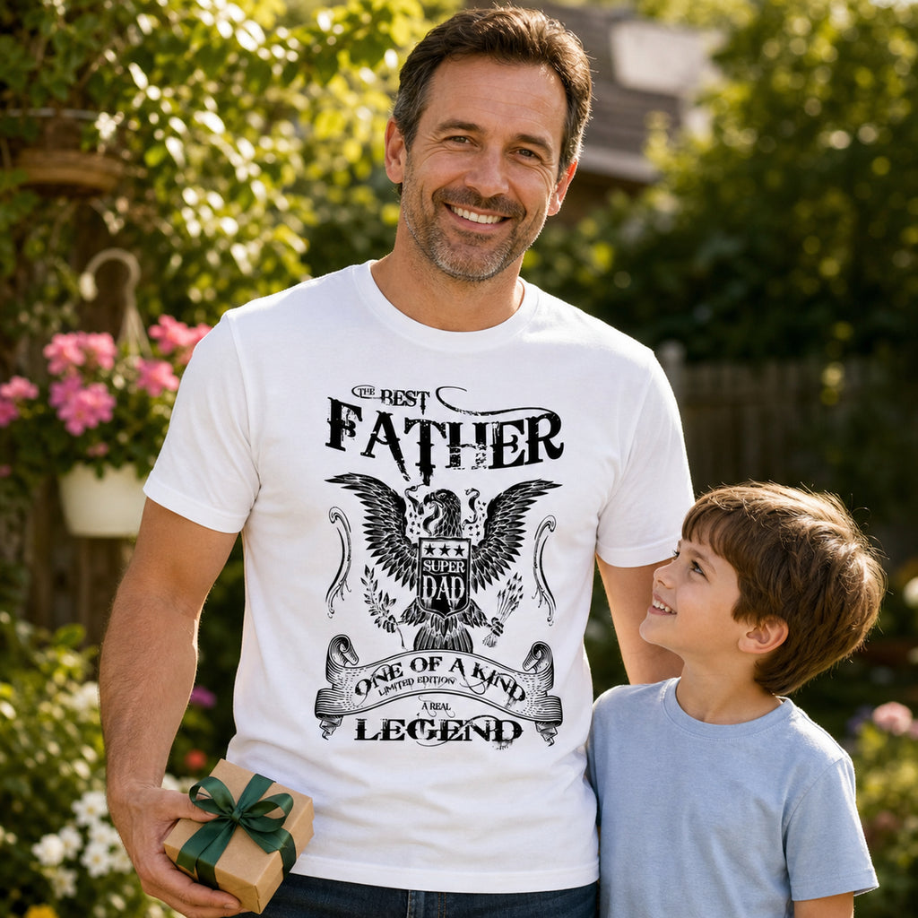 The Best Father Super Dad eagle t-shirt in white - dad with son and a present in the garden, Father's Day gift