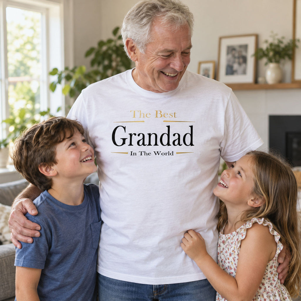 Grandad in a white The Best Grandad In The World Exclusive t-shirt hugging two grandkids in the living room, gift from the grandkids