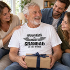 The Best Grandad In The World wings T-shirt in white - smiling grandad opening a gift with his family, gift for grandad