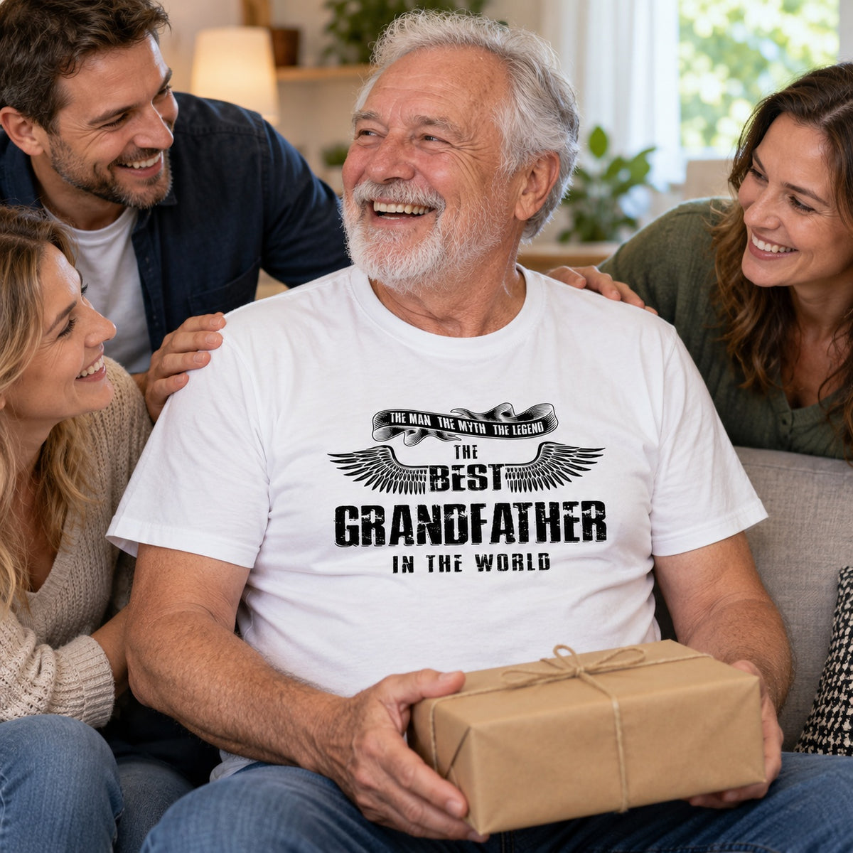 The Best Grandfather In The World wings T-shirt in white - grandfather opening a present surrounded by his family, milestone birthday gift for grandfather