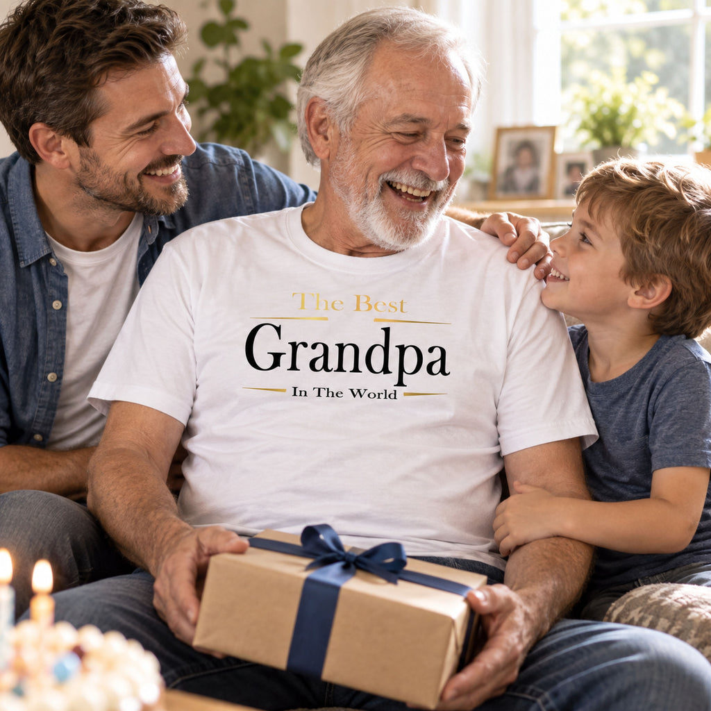 Grandpa in a white The Best Grandpa In The World Exclusive t-shirt opening a wrapped birthday gift, son and grandson beside him