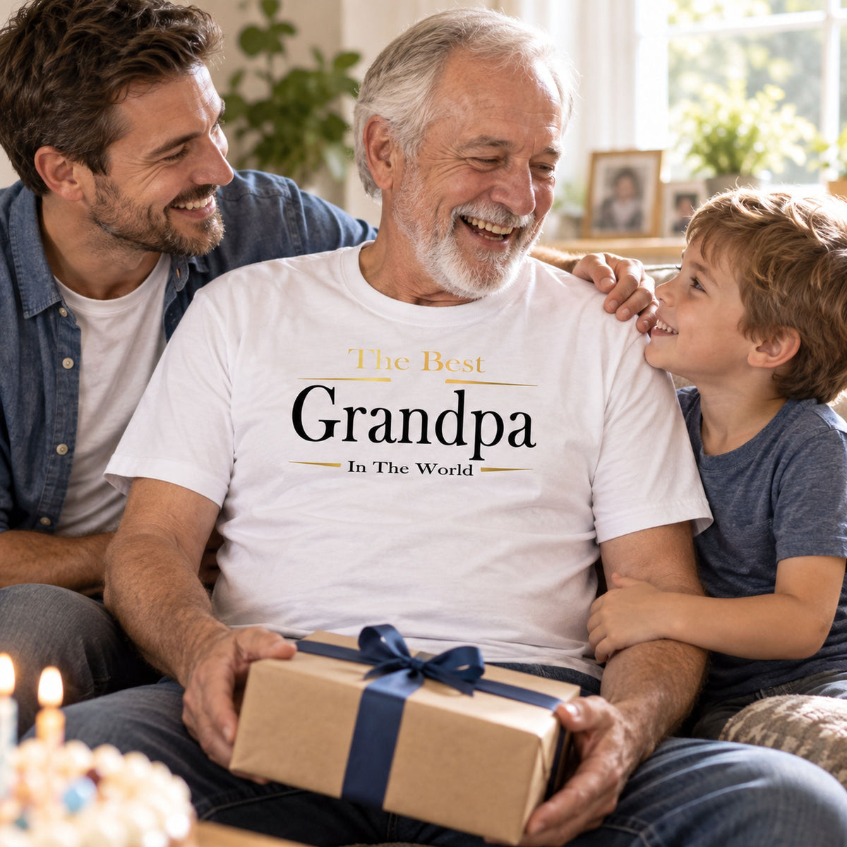 Grandpa in a white The Best Grandpa In The World Exclusive t-shirt opening a wrapped birthday gift, son and grandson beside him