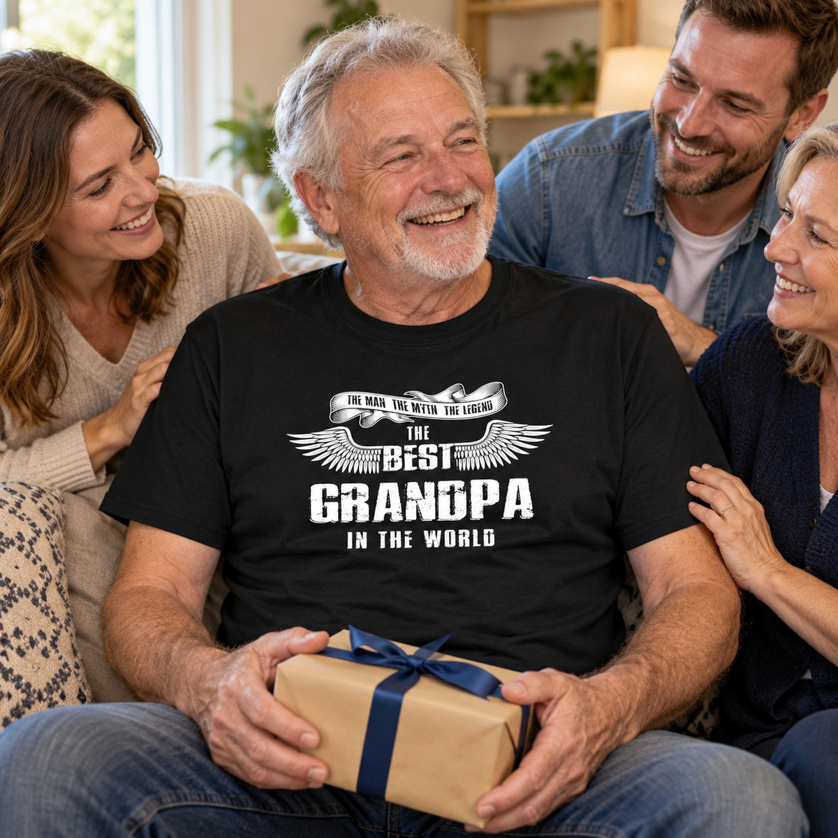 The Best Grandpa In The World wings T-shirt in black - grandpa holding a wrapped gift while his family hugs him, gift for grandpa from the grandkids