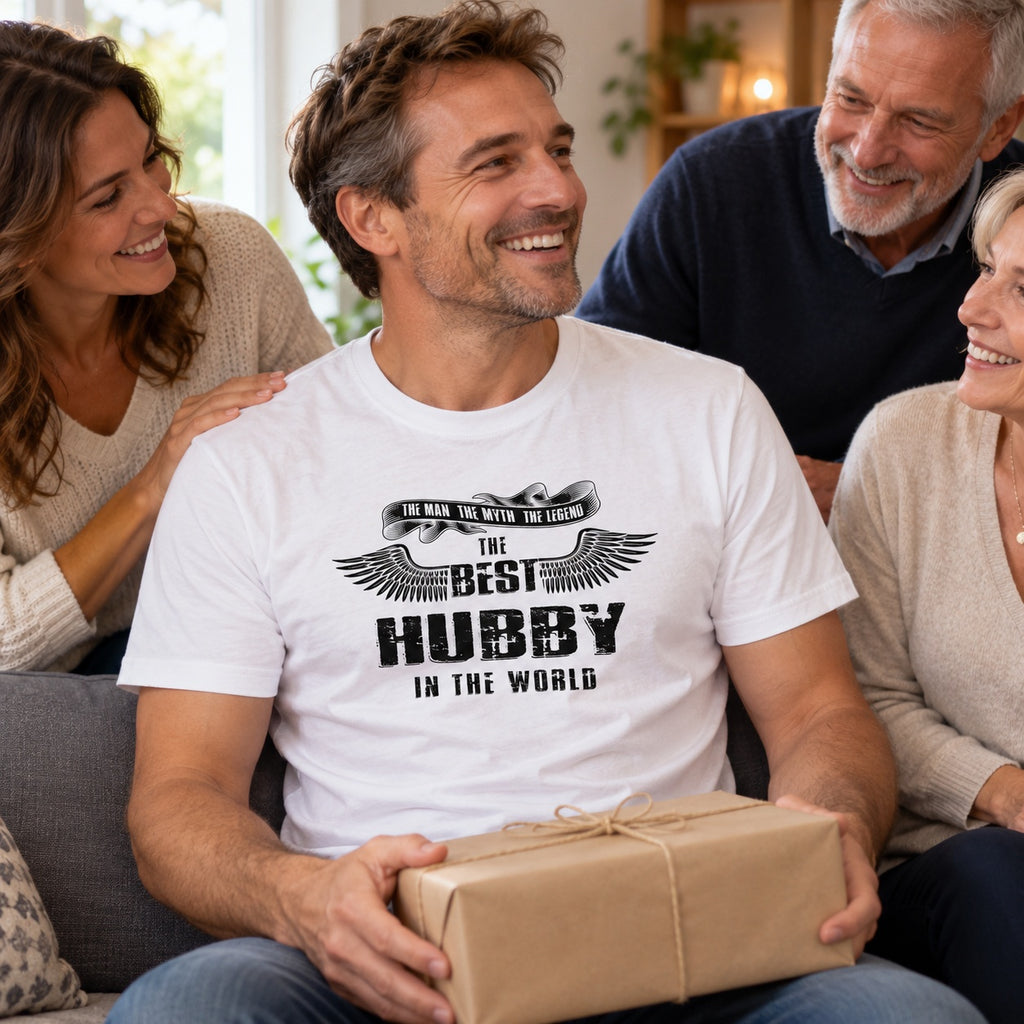 The Best Hubby In The World wings T-shirt in white - man laughing with his family as he opens a present, funny gift for him from his wife