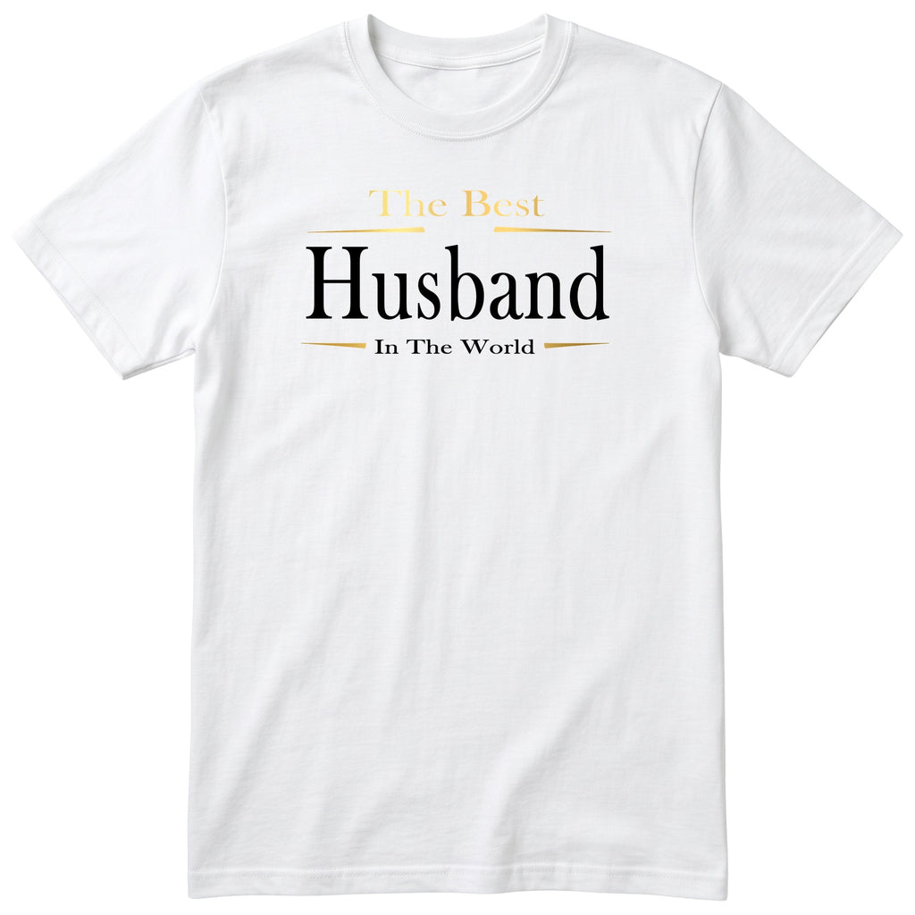 White The Best Husband In The World Exclusive t-shirt with gold lettering - anniversary gift from the wife, English print