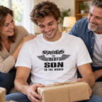 The Best Son In The World wings T-shirt in white - young man opening a present from his smiling parents, gift for son from his parents