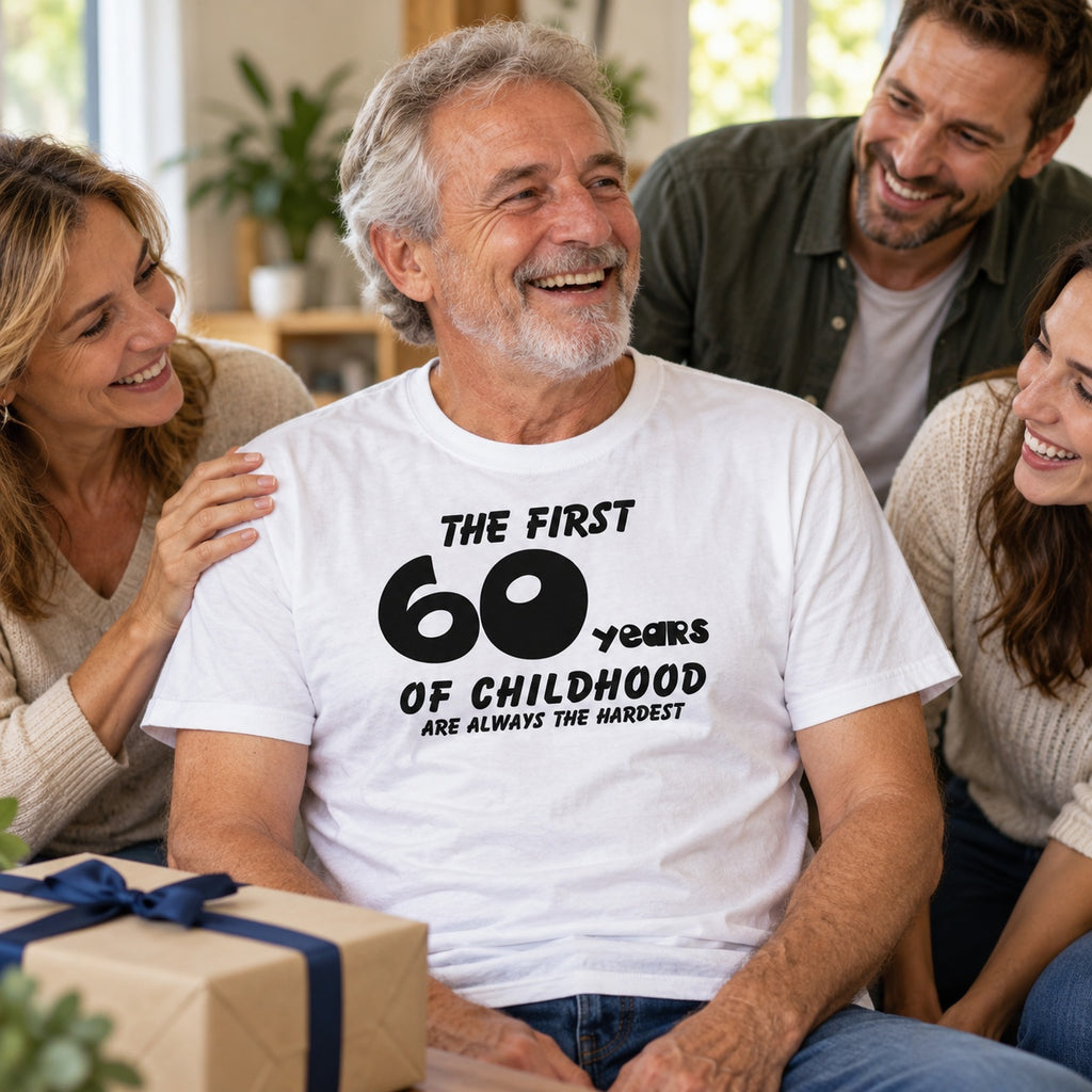 The First 60 Years of Childhood T-shirt in white - laughing man opening a birthday present with family, 60th birthday gift