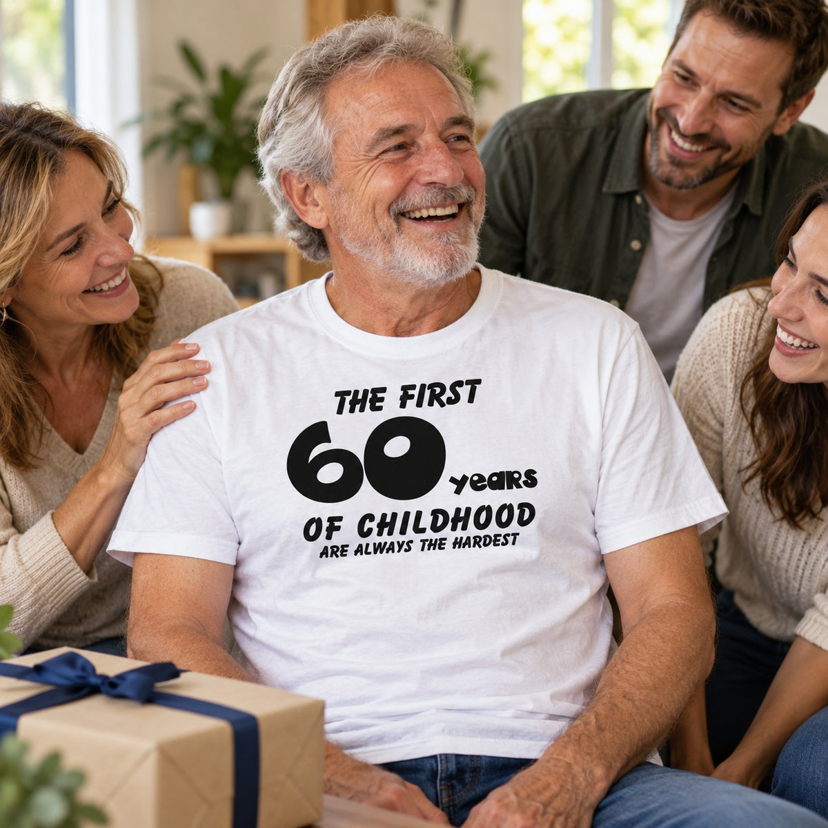 The First 60 Years of Childhood T-shirt in white - laughing man opening a birthday present with family, 60th birthday gift