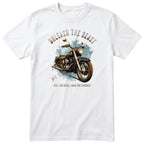 White Unleash the Beast motorcycle t-shirt - heavy vintage motorcycle on an ice-blue splash with sparkles, gift for a biker