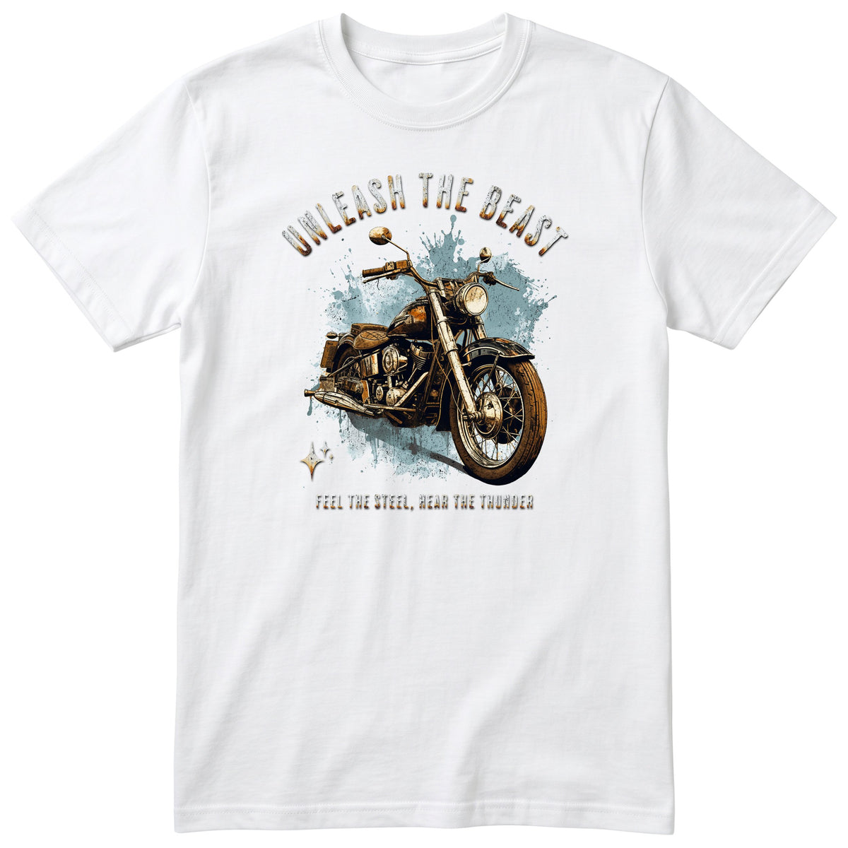 White Unleash the Beast motorcycle t-shirt - heavy vintage motorcycle on an ice-blue splash with sparkles, gift for a biker
