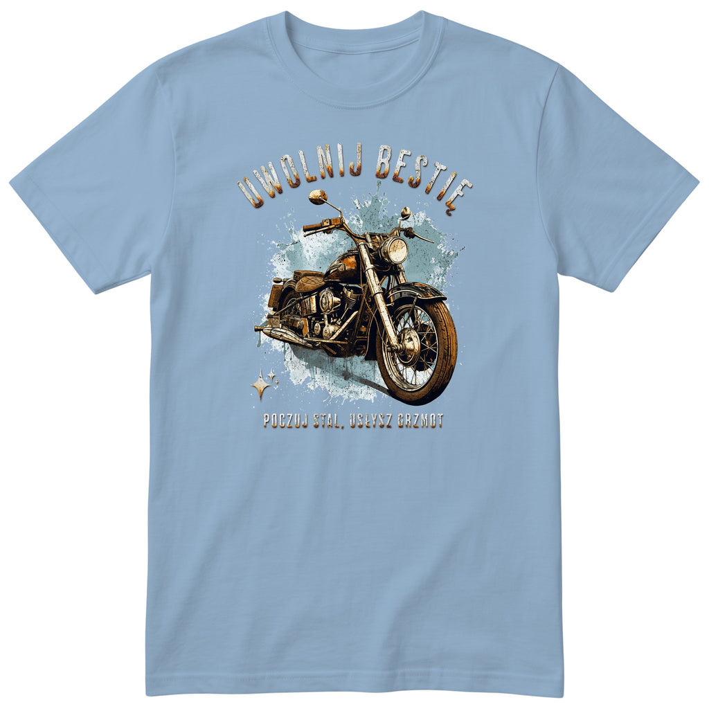 Błękitna koszulka motocyklowa „Uwolnij Bestię” - ciężki motocykl vintage na jasnoniebieskiej plamie z iskierkami, polski nadruk