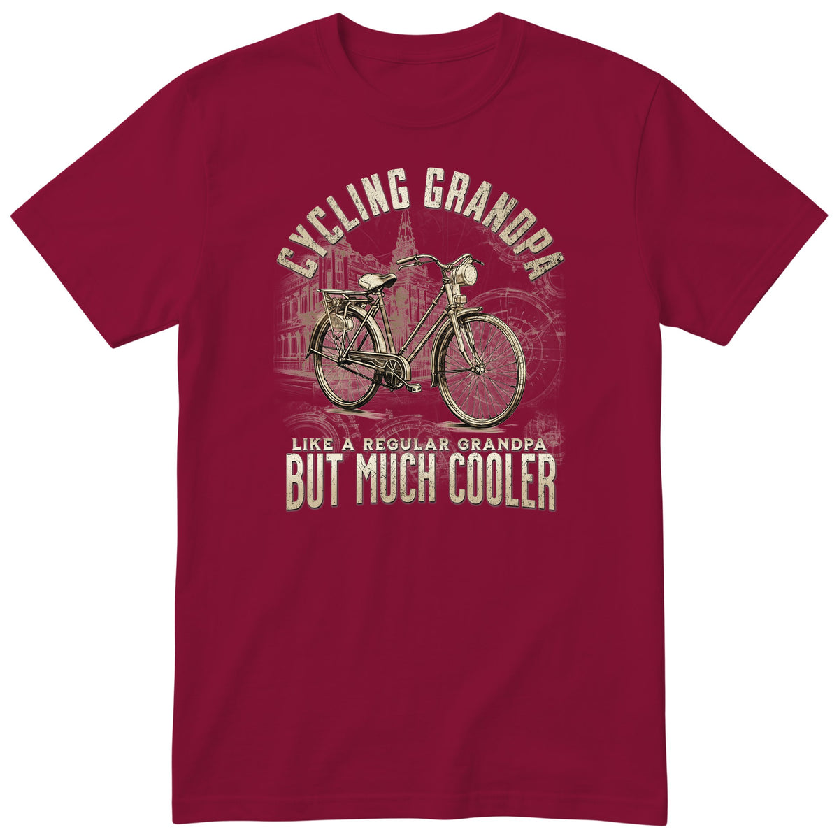 Burgundy Vintage Bike Cycling Grandpa Shirt t-shirt - old town bike with a front lamp and a rear rack, warm sepia tones, gift for grandpa