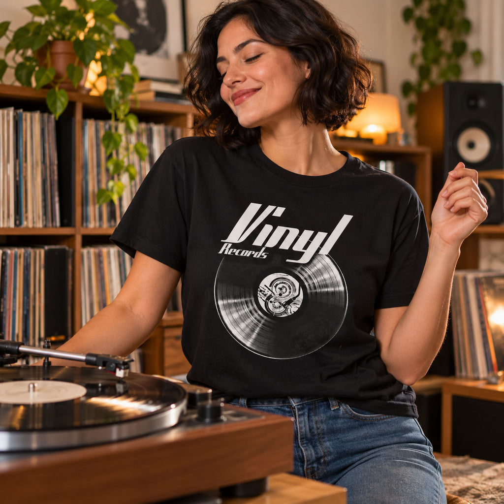 Vinyl Records t-shirt in black - woman putting the needle on a record at home, gift for vinyl lovers