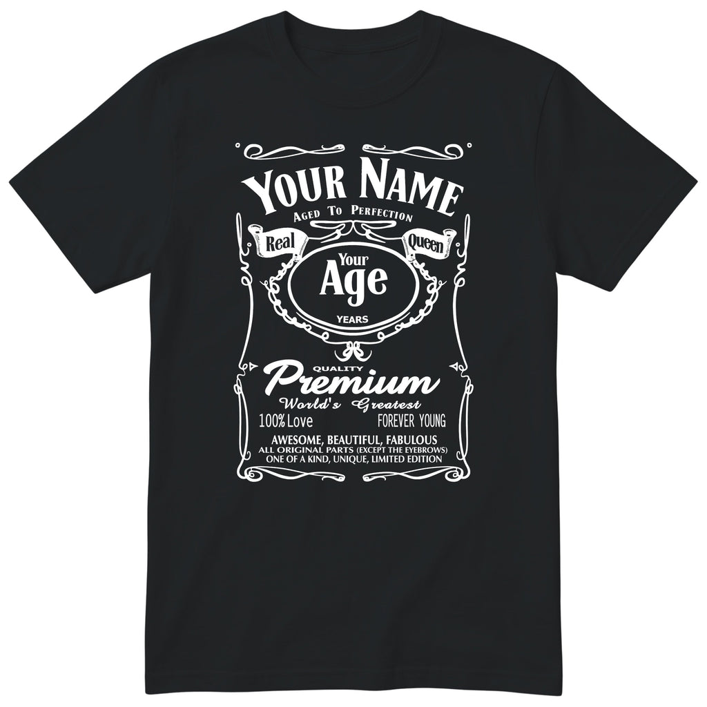 Black unisex T-shirt with personalised Real Queen name and age retro label printed on the front