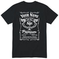 Black unisex T-shirt with personalised Real Queen name and age retro label printed on the front