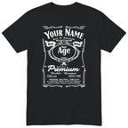 Black unisex T-shirt with personalised Real Queen name and age retro label printed on the front