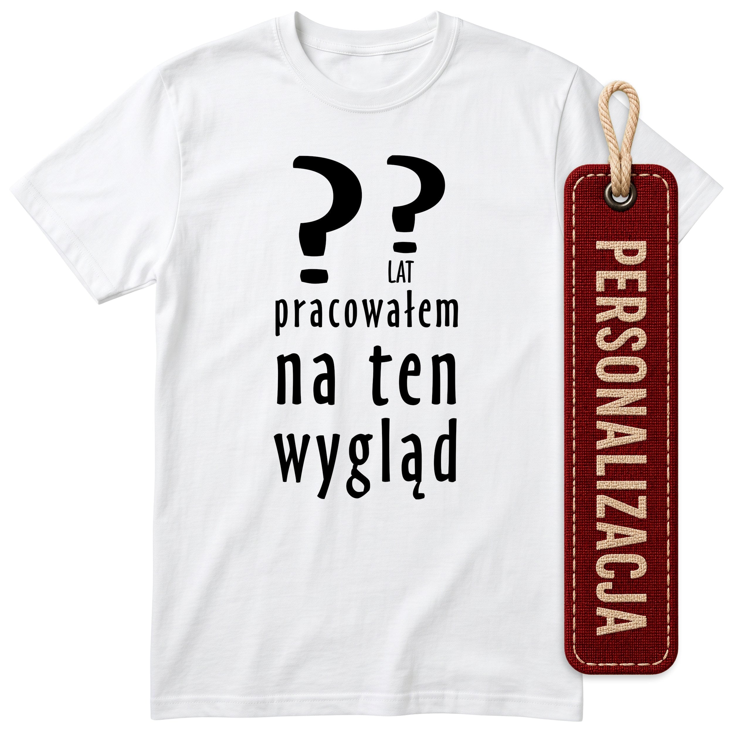 Biała koszulka męska z widoczną metką PERSONALIZACJA