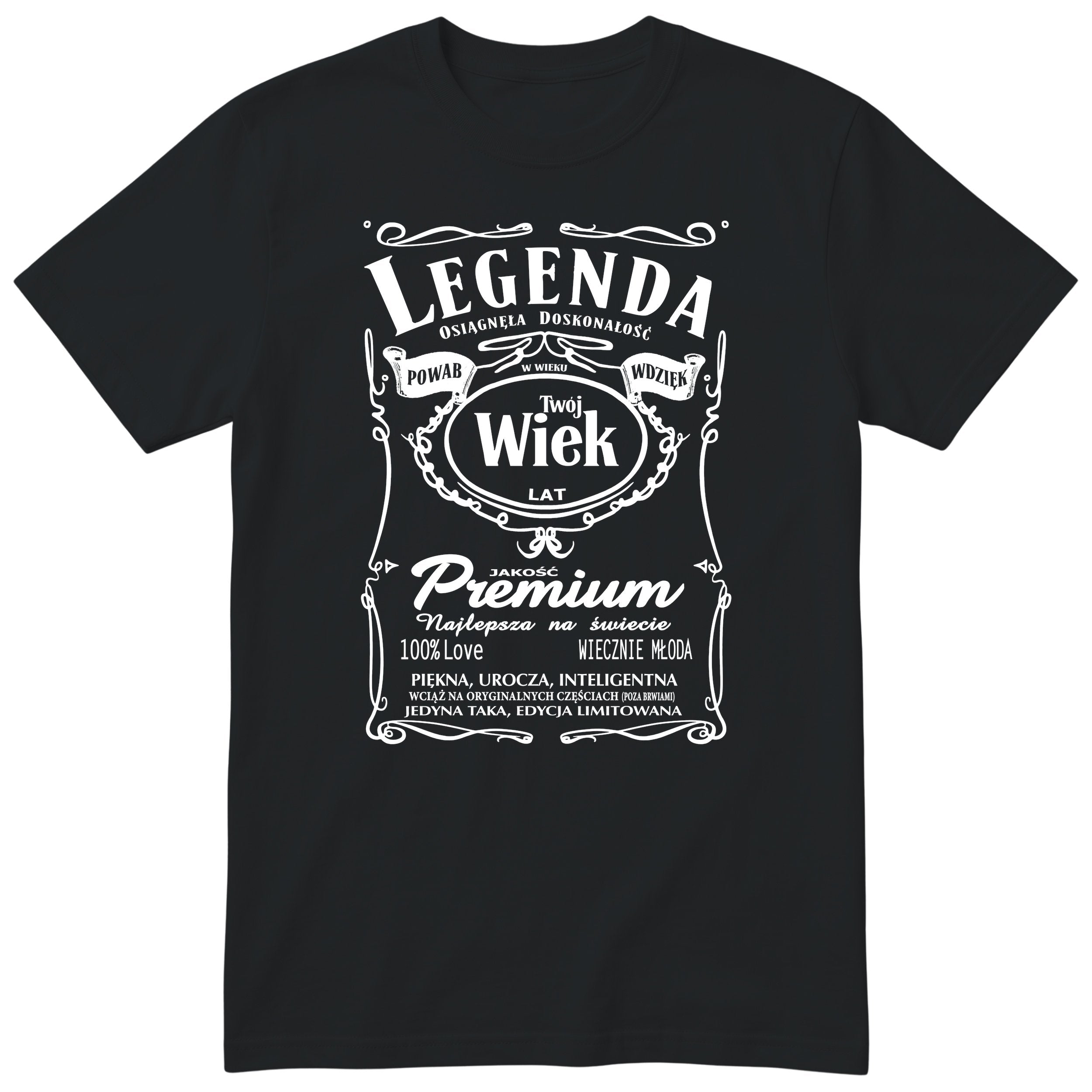 Czarna personalizowana koszulka „Legenda Powab Wdzięk" z dowolnym wiekiem - śmieszny polski prezent urodzinowy dla niej