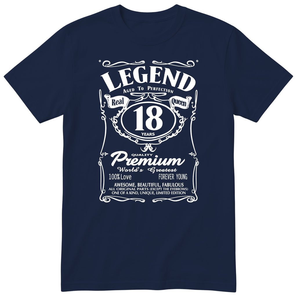 Legend Real Queen 18th birthday t-shirt for women on navy Gildan 64000 vintage label