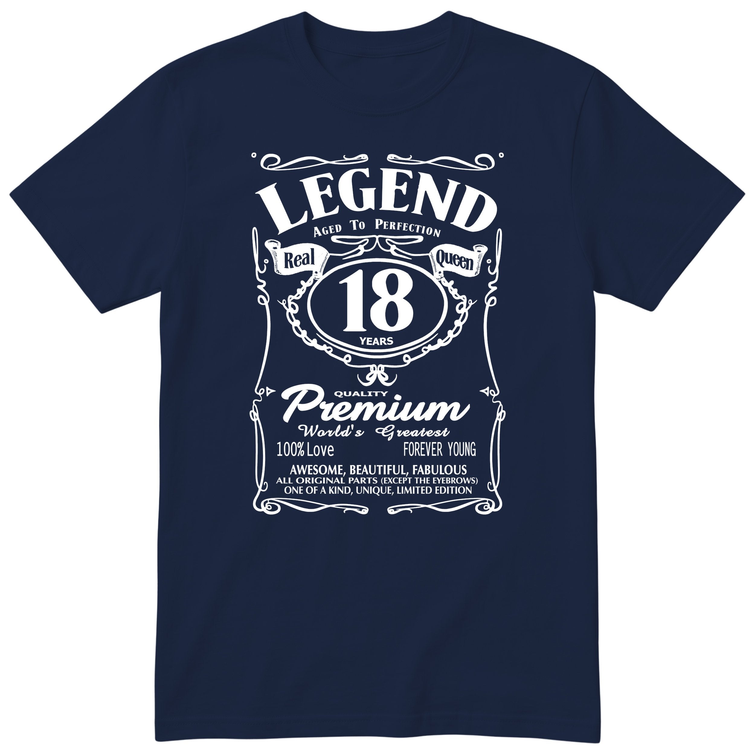 Legend Real Queen 18th birthday t-shirt for women on navy Gildan 64000 vintage label