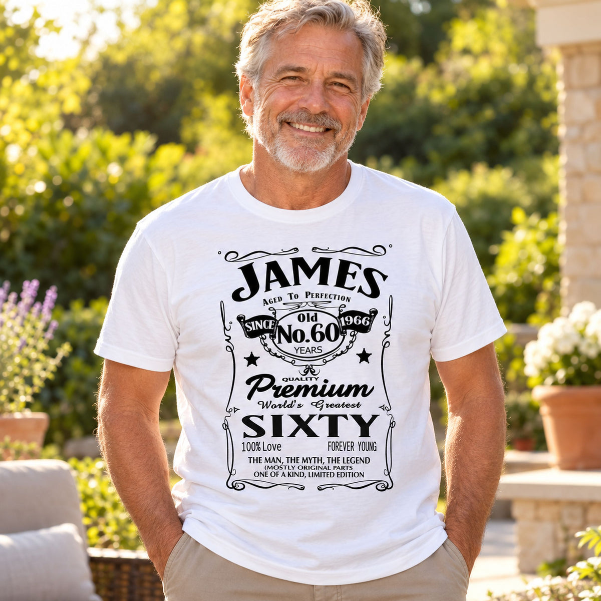 James celebrating 60 in a white custom birthday T-shirt - your name, age and birth year 1966 in a whiskey label style