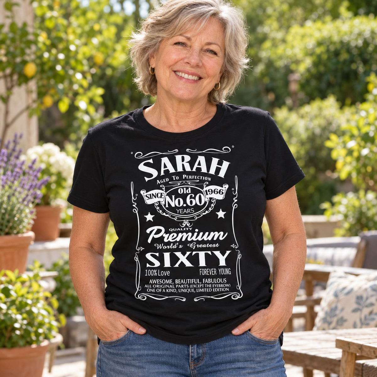 Sarah celebrating 60 in a black custom birthday T-shirt - your name, age and birth year 1966 in a whiskey label style