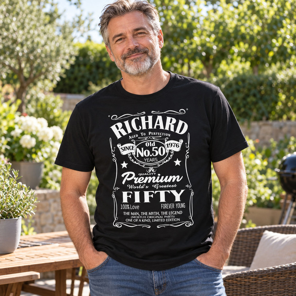 Richard celebrating 50 in a black custom birthday T-shirt - your name, age and birth year 1976 in a whiskey label style