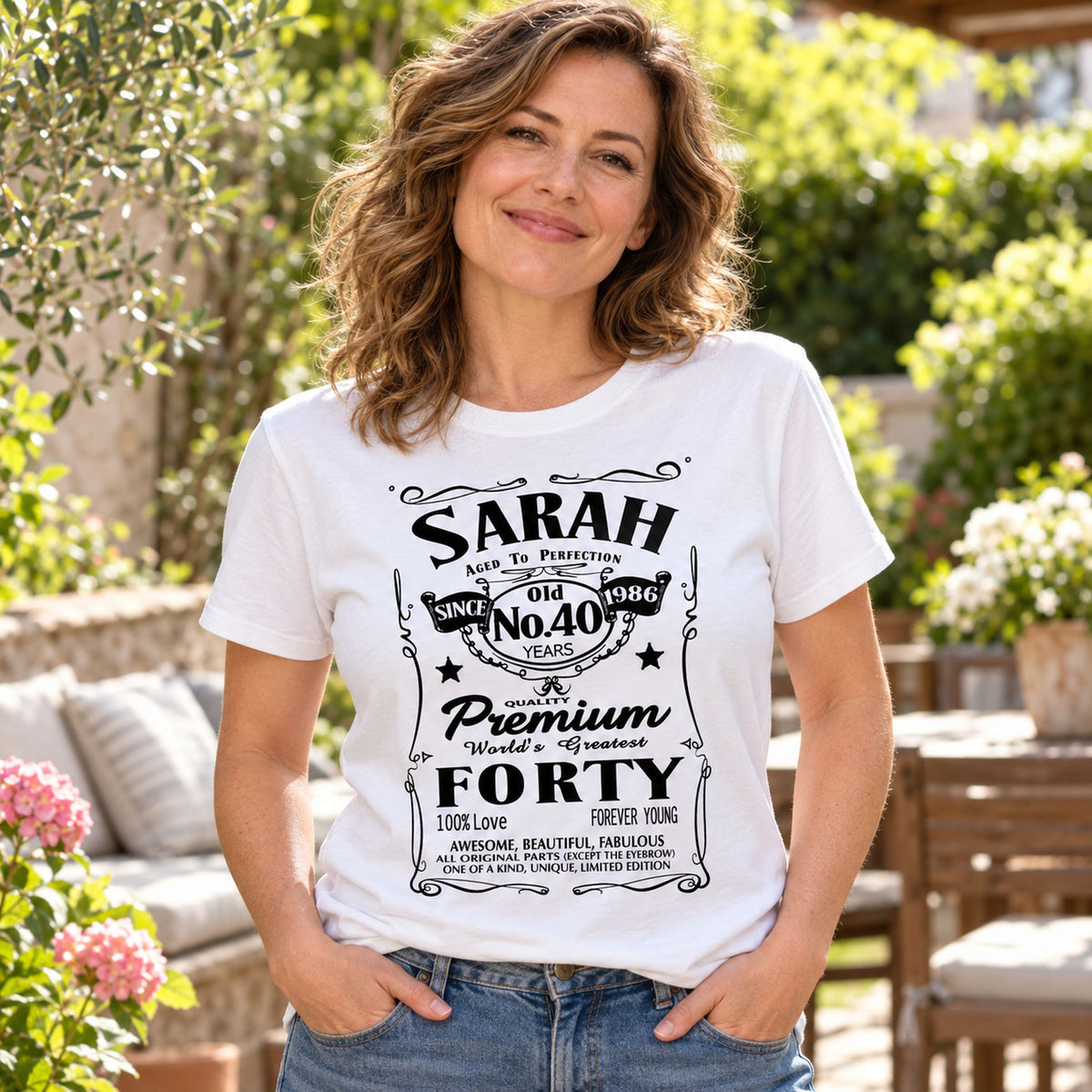 Sarah celebrating 40 in a white custom birthday T-shirt - your name, age and birth year 1986 in a whiskey label style
