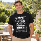 Thomas celebrating 30 in a black custom birthday T-shirt - your name, age and birth year 1996 in a whiskey label style