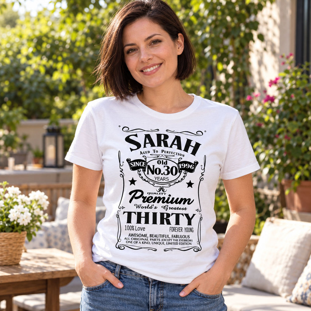 Sarah celebrating 30 in a white custom birthday T-shirt - your name, age and birth year 1996 in a whiskey label style